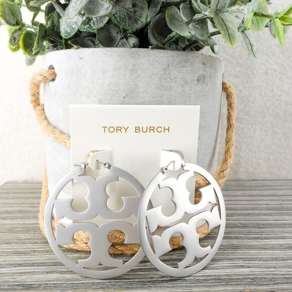 Tory Burch Miller Statement Logo Hoop Earrings Silver OS - Picture 4 of 9